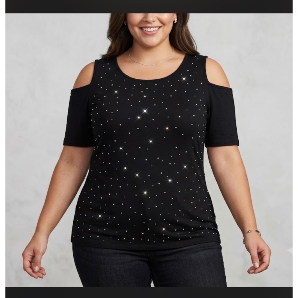 NWT Belldini Black Rhinestone Cold Shoulder Top Womens 2X Short Sleeve